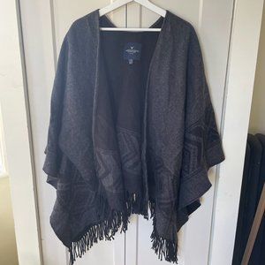 American Eagle  Black and Grey Boho Cardigan/Poncho with Fringe Trim